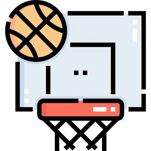 Half-court basketball setup with floodlights